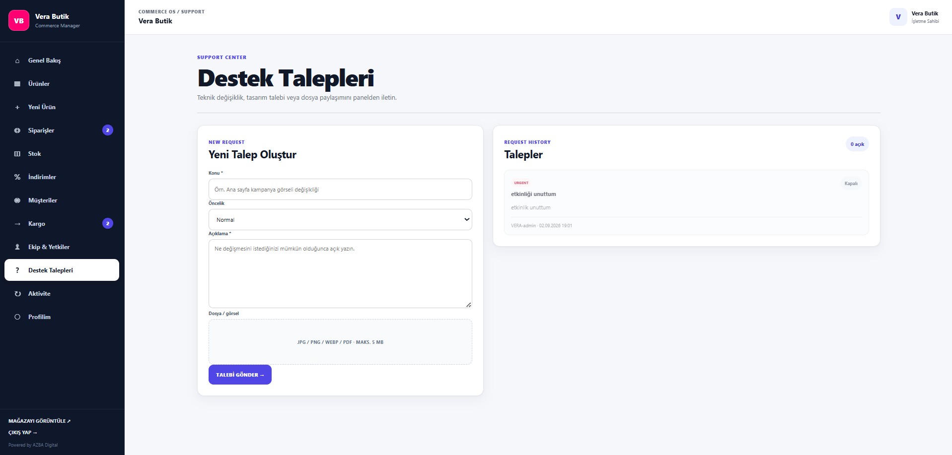 AZBA Store Manager destek talepleri ekranı